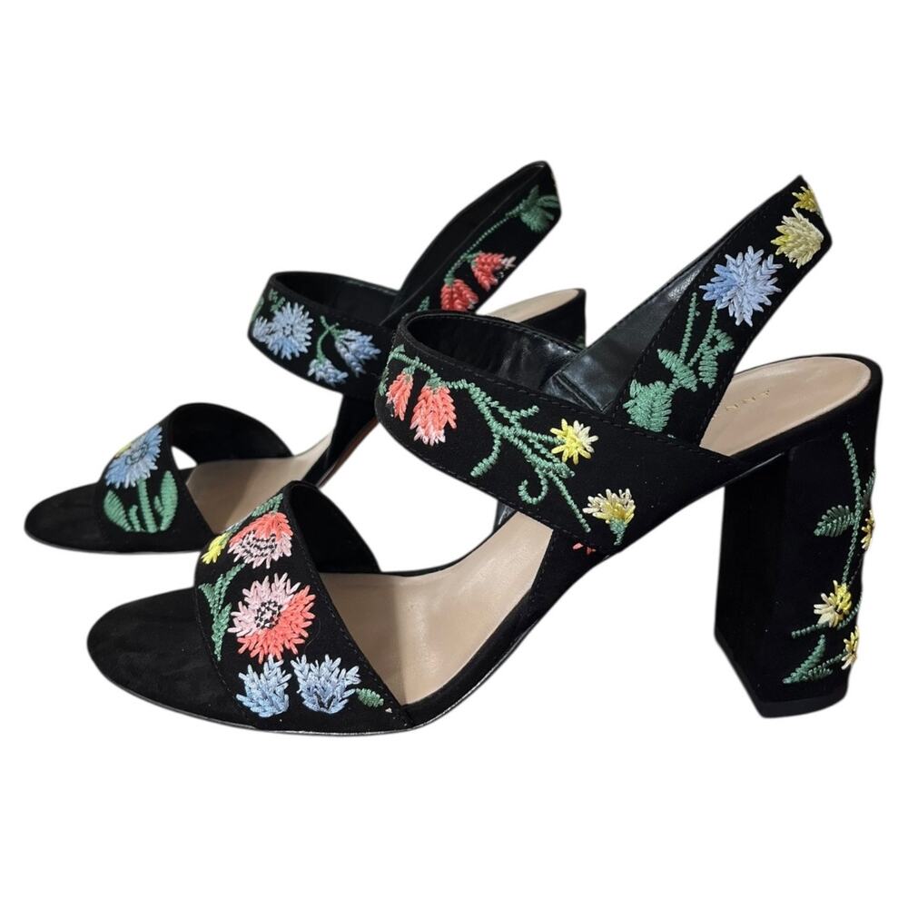 Ann Taylor Lorna Garden Embroidered Black Suede Heeled Sandals Women's 8